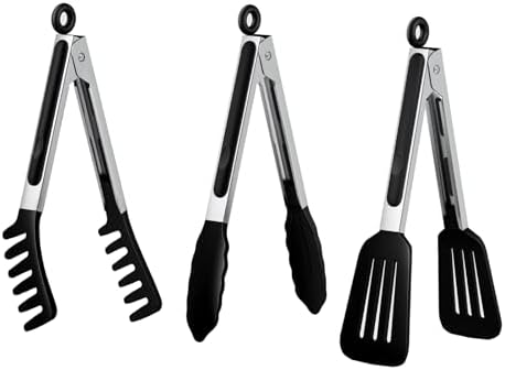 HST Non Stick Cooking Tongs Silicone Tips, 3 Pack 12 Inch Black BBQ Baking by HST