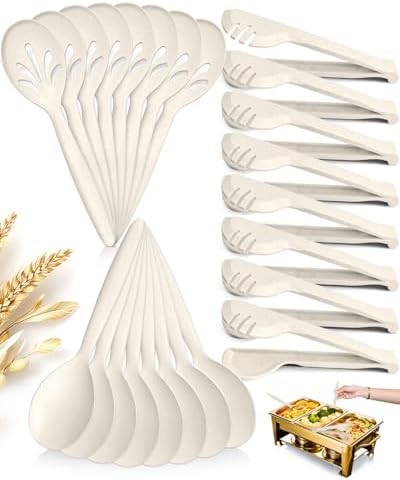 Reusable Plastic Serving Utensils Set of 24, Heavy Duty Wheat straw Large by RayPard