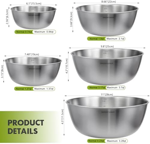 Greentainer Stainless Steel Mixing Bowls Set of 5 - Image 2