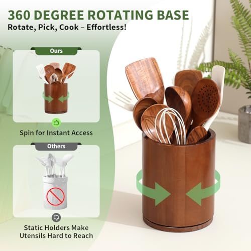 Walnut Utensil Holder, 360° Rotating 7.3 in Kitchen Organizer - Image 3
