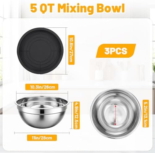 Beasea Stainless Steel Mixing Bowl Set of 3, 5 QT Large Stackable Mixing Bowls - Image 2