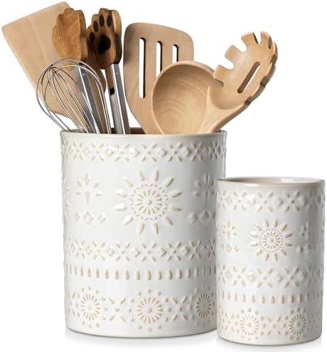 LOVECASA Ceramic Utensil Holder Set of 2, 7.2'' & 5.4'' Kitchen Crocks by LOVECASA