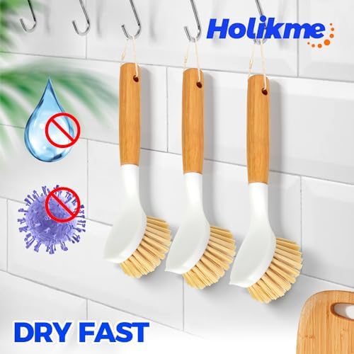 Holikme 3 Pack Dish Brush with Bamboo Handle Cleaning Brush - Image 5