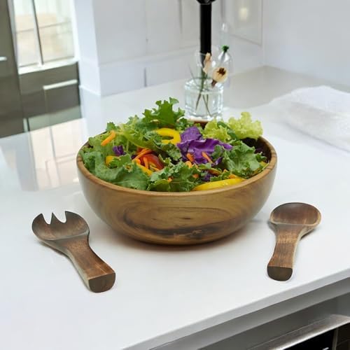 Acacia Wood Salad Bowl Set, 9 In Solid Serving Bowl, 2 Servers - Image 4