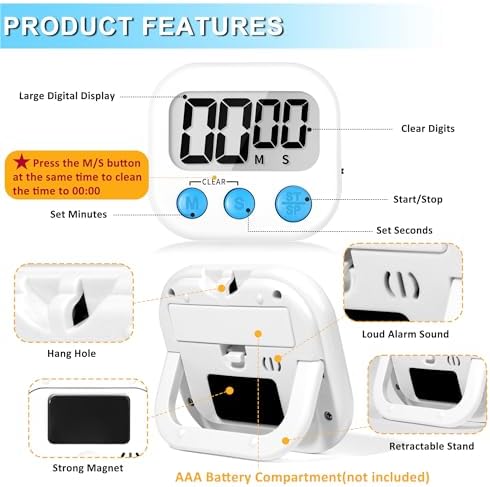 ZILLEEN Digital Kitchen Timers for Cooking Kids Black White 6 Pack - Image 7