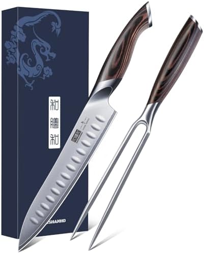 HOSHANHO 8 Inch Carving Knife & 7 Inch Fork Set, Razor Sharp Slicing Knife by HOSHANHO