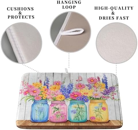 Daisy Dish Drying Mat for Kitchen Counter Spring Summer Flowers Vases Dishes - Image 3