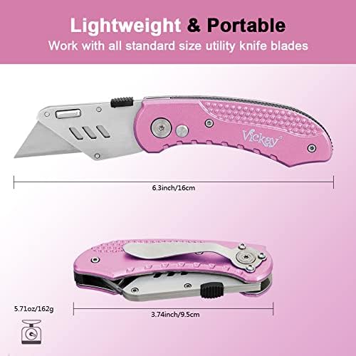 Vickay Folding Utility Knife, Heavy Duty Box Cutter, Razor Knife-Pink - Image 3