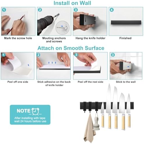 Knife Magnetic Strip With 3 Hooks, No Drill Knife Magnet Tool Holder Bar - Image 4