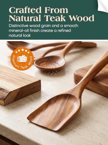 9 Pcs Teak Wooden Utensil Set for Cooking Spoons Spatulas Kitchen Tools - Image 3