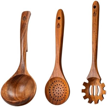 3 Pcs Teak Wooden Soup Ladle, Pasta & Slotted Spoon by Vorisebo