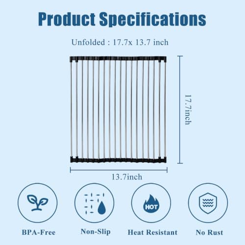 Roll Up Dish Drying Rack Over Sink, Use 304 Stainless Steel, 17.7"x13.7"Black - Image 4