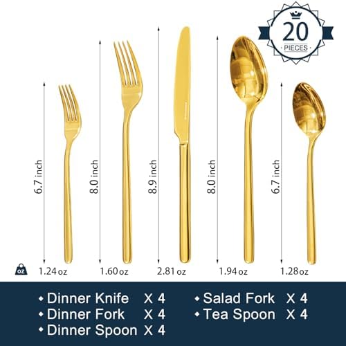 KINGSTONE Gold Silverware Set, 20 Piece Flatware Cutlery Set - Image 2