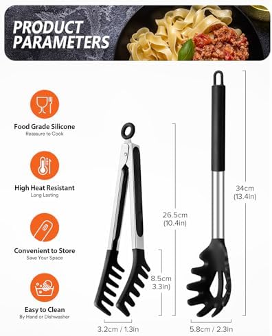 Silicone Spaghetti Spoon & Pasta Tong, Non-Stick Stainless Steel Handle Pasta - Image 4