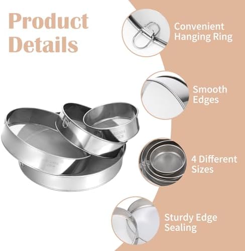 4 Pack Flour Sifter with Hanging Ring, Stainless Steel Fine Mesh Strainers - Image 3