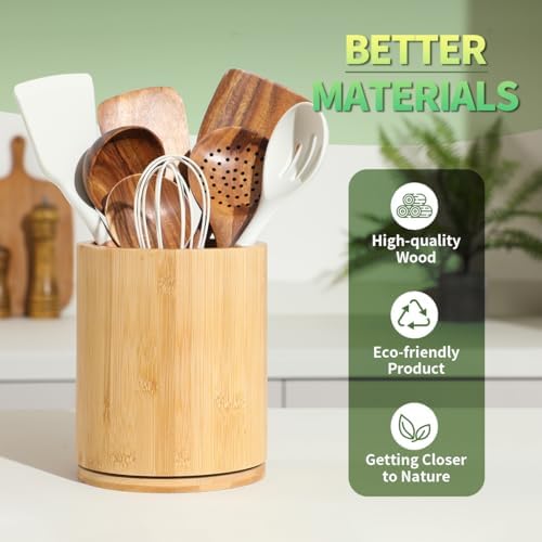 Bamboo Wood Utensil Holder, 360° Rotating 7.3 in Kitchen Organizer - Image 5