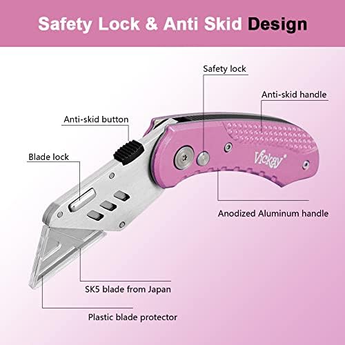 Vickay Folding Utility Knife, Heavy Duty Box Cutter, Razor Knife-Pink - Image 2