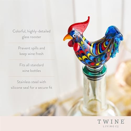 Twine Rooster Bottle Stopper, Glass Rooster Wine Bottle Stopper, Keep Wine Fresh - Image 2