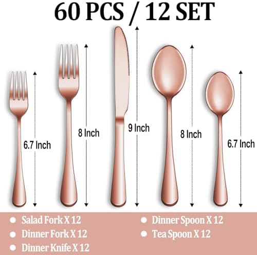 60 Pcs Rose Gold Silverware Set Service - Image 2