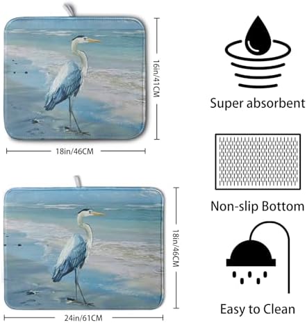 Summer Blue Dish Drying Mat for Kitchen Counter 16x18 Inch Heron Coastal Beach - Image 2