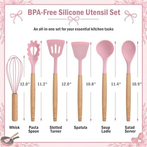 7 Pcs Pink Bow Kitchen Decor, Silicone Cooking Utensils Set - Image 4