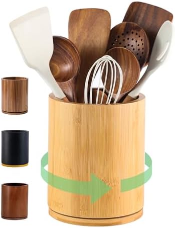 Bamboo Wood Utensil Holder, 360° Rotating 7.3 in Kitchen Organizer by Unknown