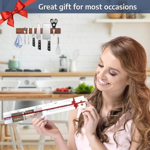 Dmore magnetic knife holder for wall—with 2 hooks, No Drilling 16 Inch walnut - Image 6
