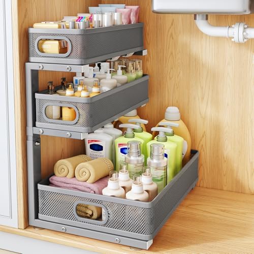 Under Sink Organizer, 3-Tier Thickened Metal Pull out Cabinet Organizer Shelf by HERJOY