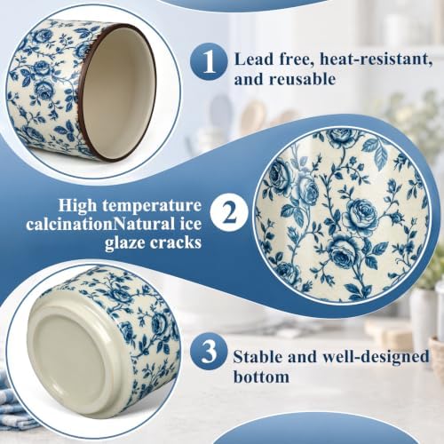 Rustic Ceramic Utensil Holder Blue Rose 5.5" - Image 3