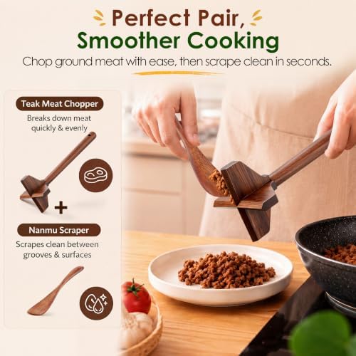 Teak Wooden Meat Chopper & Meat Masher, Ground Beef Masher Set - Image 2