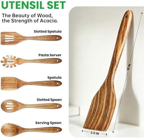 Solidith Acacia Wooden Spoons for Cooking, 5-Piece Wood Kitchen Utensil Set - Image 2