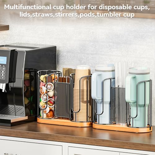 Coffee Cup and Lids Holder - 8oz-24oz Disposable Cups Organizer Wooden Base - Image 3