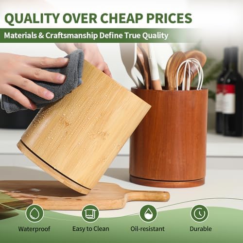 Bamboo Wood Utensil Holder, 360° Rotating 7.3 in Kitchen Organizer - Image 4
