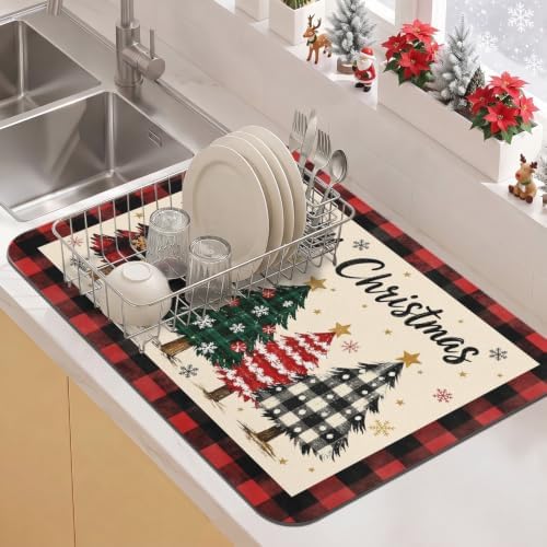 Christmas Dish Drying Mat Kitchen Countertop, Super Absorbent Coffee Bar Mat by Kuyig+Home