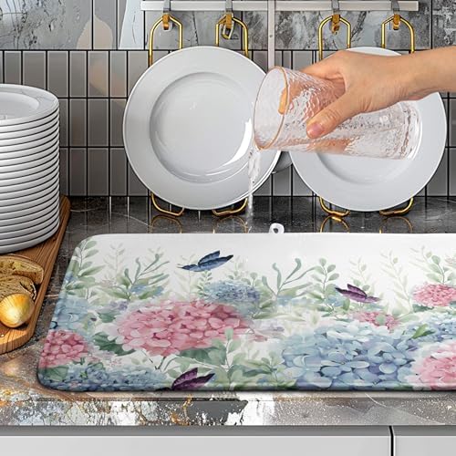 Spring Flowers Dish Drying Mat for Kitchen Counter Blue Pink Hydrangea Floral - Image 5