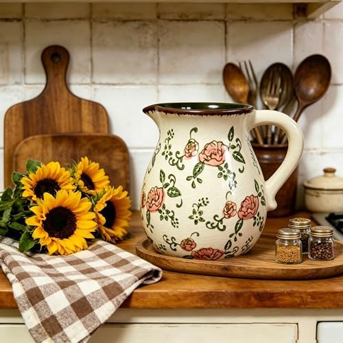 Ceramic Utensil Holder Red Rose 6.1" Rustic Farmhouse Kitchen Counter Crock - Image 6