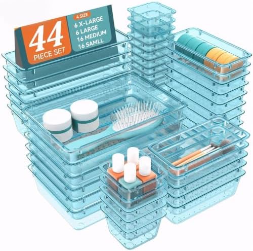 44 PCS Clear Plastic Drawer Organizer Set, 4 Sizes Storage Bins, Sea Blue by WOWBOX