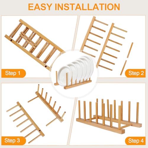 SAMEBUTECO Bamboo Wooden Dish Racks Plate Stand Holder Vertical Drainer Kitchen - Image 3