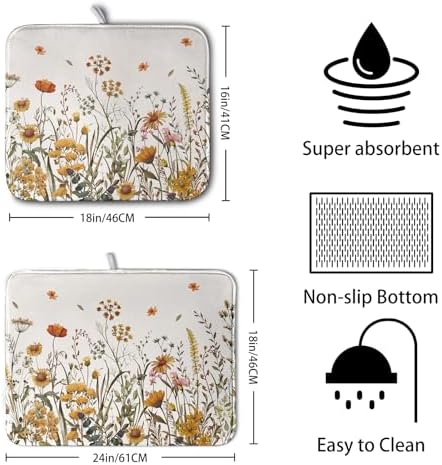 Fall Floral Dish Drying Mat for Kitchen Counter Autumn Burnt Orange Wild - Image 2