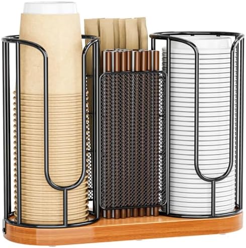 Coffee Cup and Lids Holder - 8oz-24oz Disposable Cups Organizer Wooden Base by OVICAR