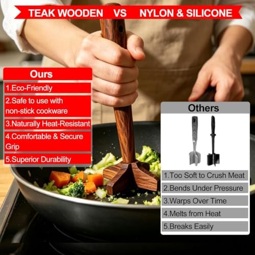 Wooden Meat Chopper for Ground Beef, Heat Resistant Hamburger Chopper, - Image 5