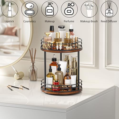 2-Tier Rotating Bathroom Countertop Organizer, Wooden Makeup Vanity Storage - Image 2