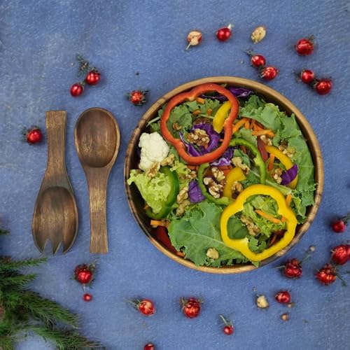 Acacia Wood Salad Bowl Set, 9 In Solid Serving Bowl, 2 Servers - Image 2
