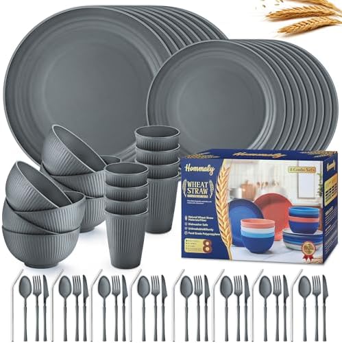 Wheat Straw Dinnerware Sets, 64-Piece Plates and Bowls Sets by HOMMALY
