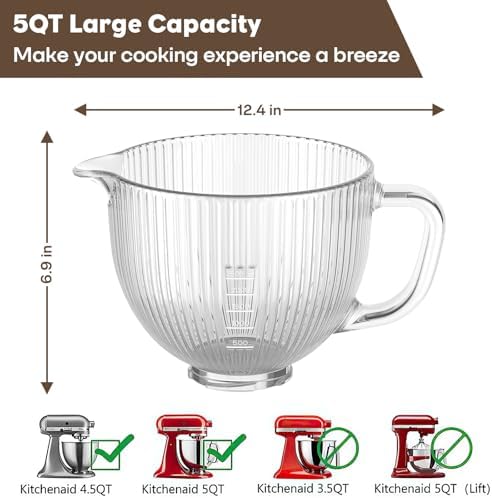 GVODE Glass Mixer Bowl for KitchenAid-Compatible 4.5-5 Qt Tilt-Head Mixers - Image 2