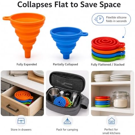 Collapsible Silicone Kitchen Funnels, 4 Pack Food Grade Foldable Funnel Set - Image 6