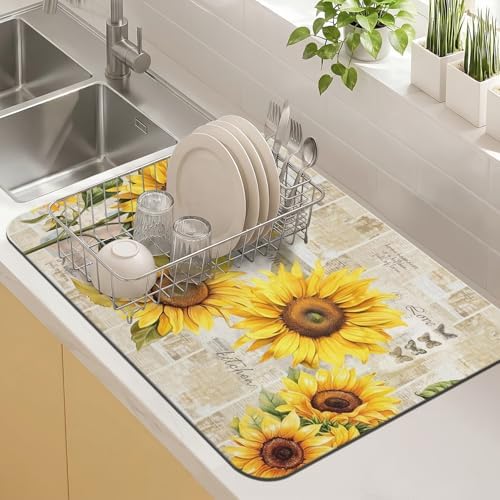 Sunflower Kitchen Countertop Dish Drying Mat, Super Absorbent Coffee Bar Mat by Kuyig+Home