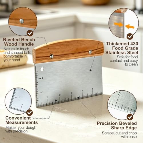Versatile Bench Scraper with Wood Handle, Premium Stainless Steel Dough Scraper - Image 3