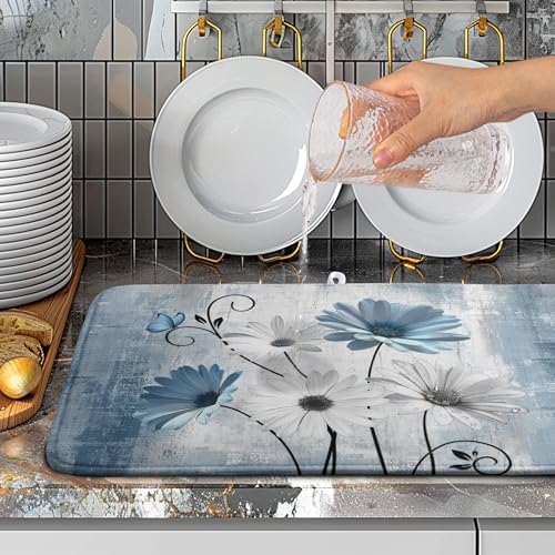 Dish Drying Mat for Kitchen Counter 18x24 Inch Blue Grey Daisy Drying Pads - Image 5