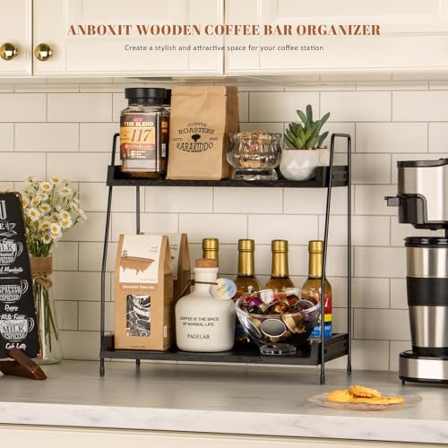 ANBOXIT 2-Tier Coffee Station Organizer, Wooden Kitchen Counter Shelf - Image 2